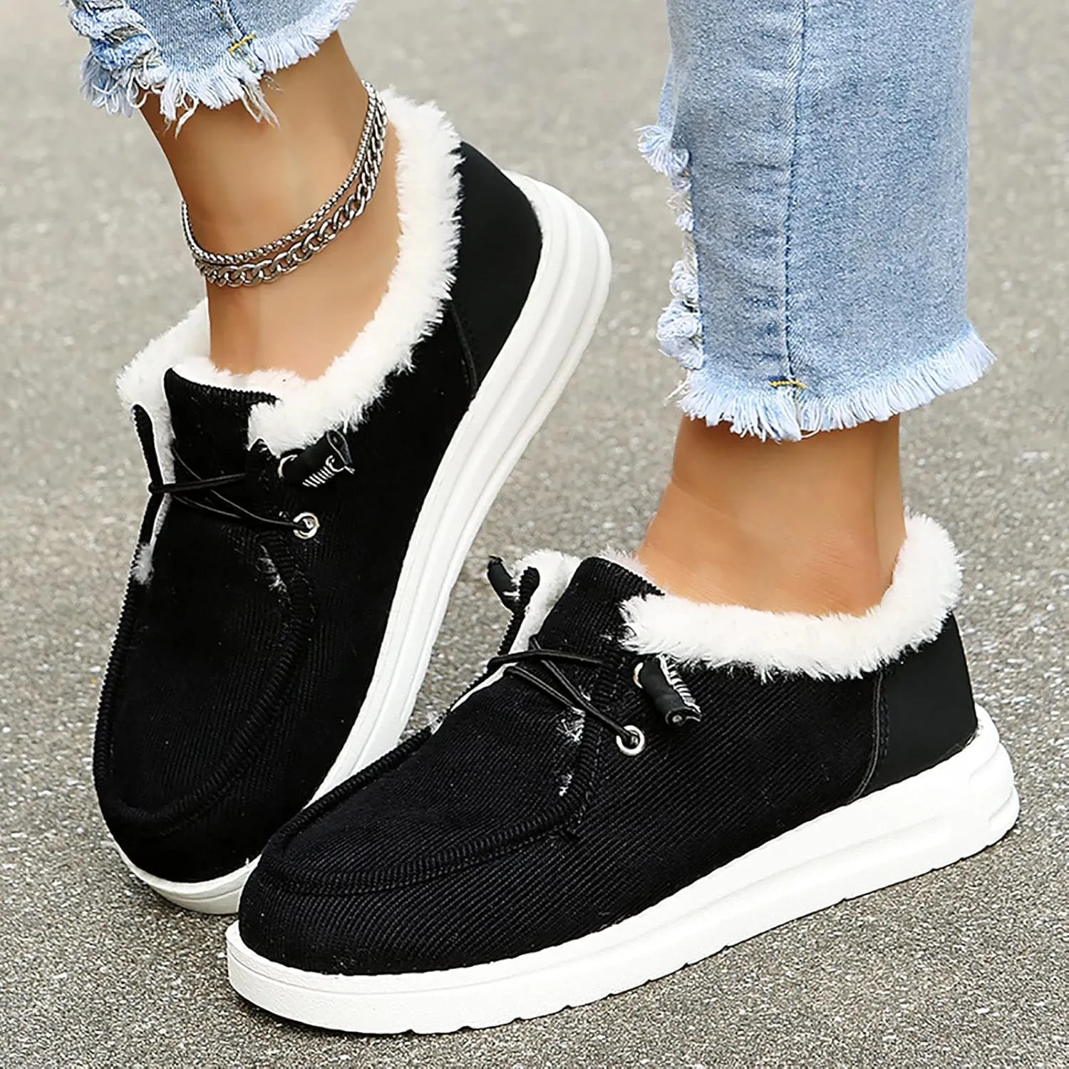 Winter Fur Lined Loafers for Womens Casual Canvas Slip on Soft Lightweight Flats Comfort Elastic Lace up Low Top Boat Shoes