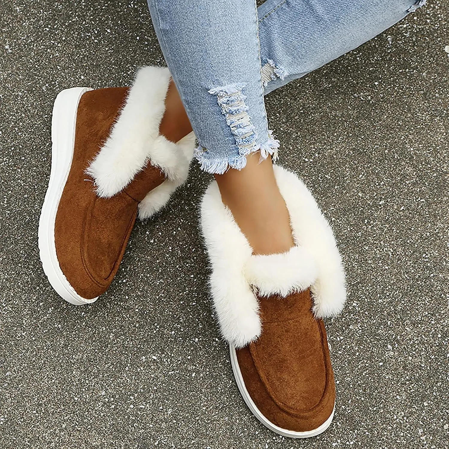 Winter Fur Lined Loafers for Womens Casual Canvas Slip on Soft Lightweight Flats Comfort Elastic Lace up Low Top Boat Shoes