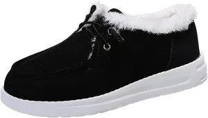Winter Fur Lined Loafers for Womens Casual Canvas Slip on Soft Lightweight Flats Comfort Elastic Lace up Low Top Boat Shoes