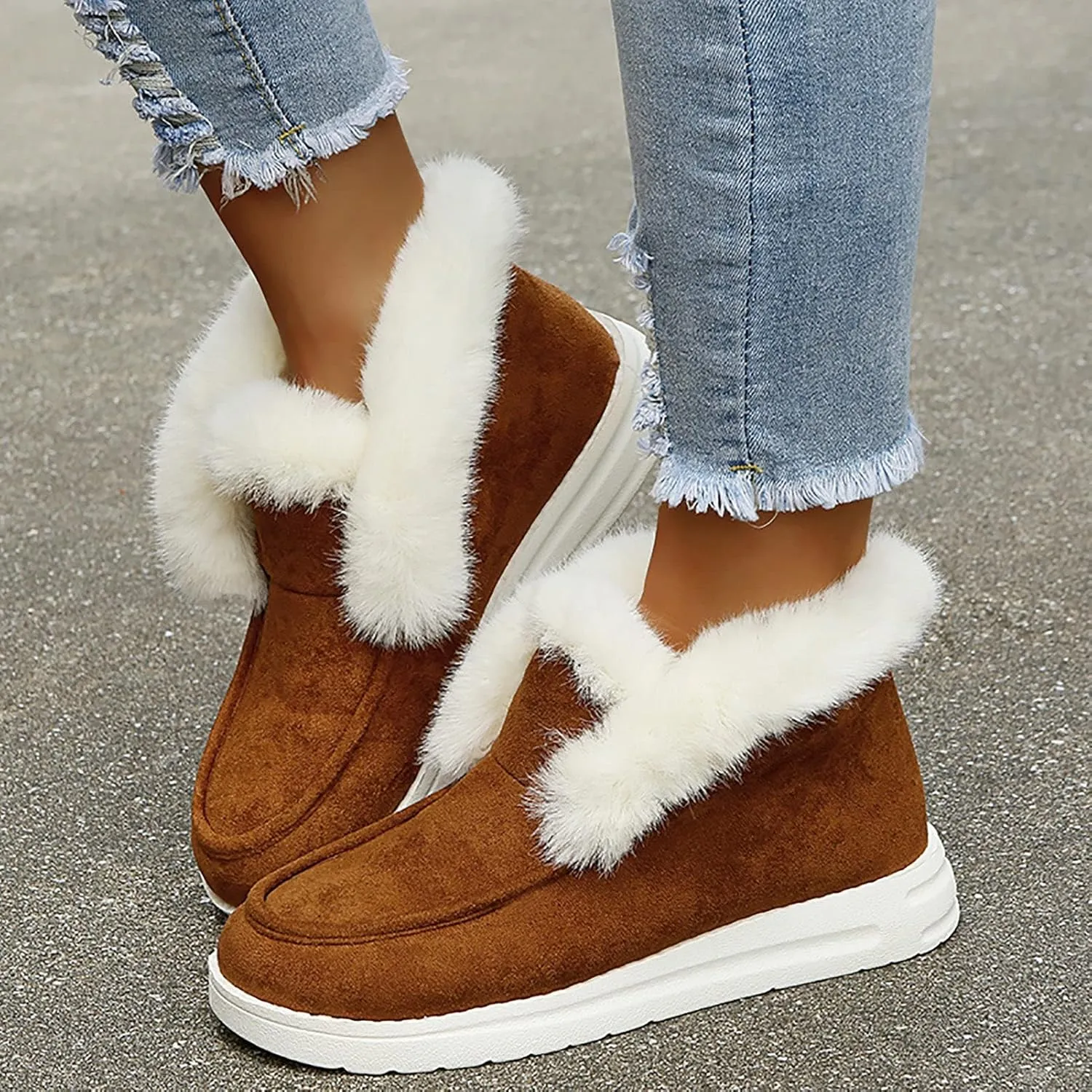 Winter Fur Lined Loafers for Womens Casual Canvas Slip on Soft Lightweight Flats Comfort Elastic Lace up Low Top Boat Shoes