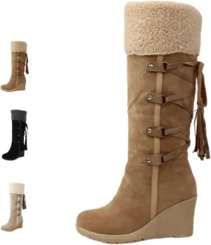 Winter Snow Boots for Women, Waterproof Fuzzy Collar Wedge The Knee Thigh Boots, Thermal Outdoor Casual Non Slip Boots