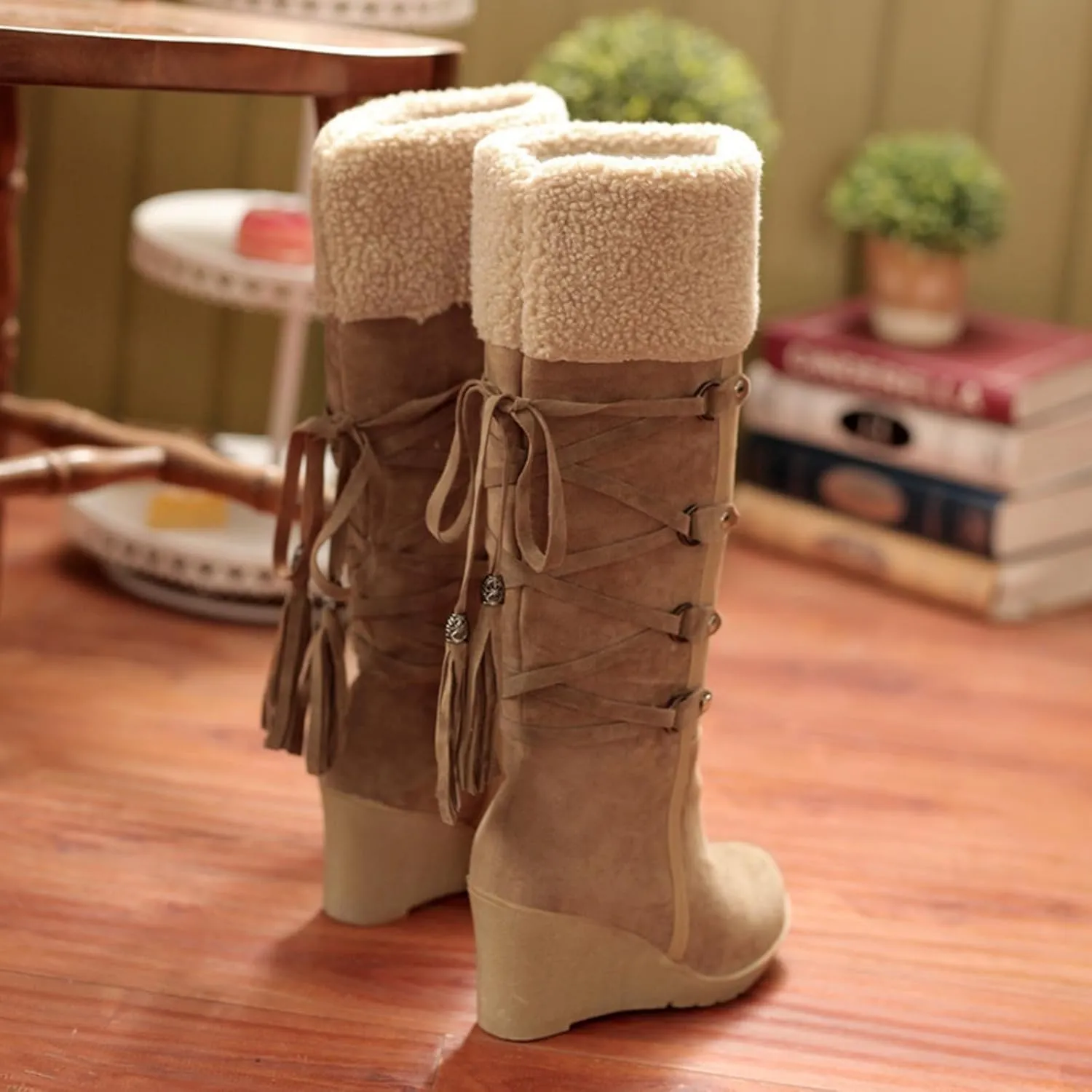 Winter Snow Boots for Women, Waterproof Fuzzy Collar Wedge The Knee Thigh Boots, Thermal Outdoor Casual Non Slip Boots