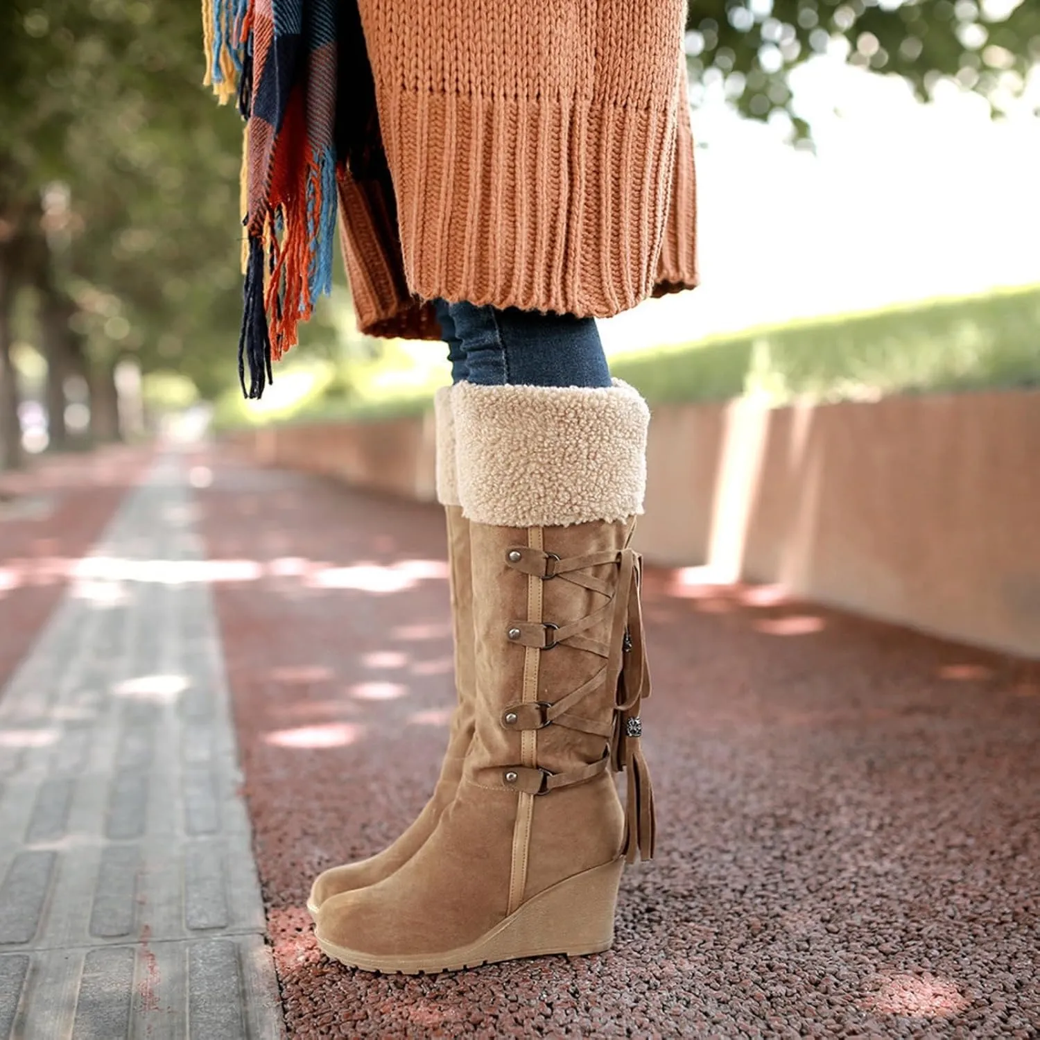 Winter Snow Boots for Women, Waterproof Fuzzy Collar Wedge The Knee Thigh Boots, Thermal Outdoor Casual Non Slip Boots