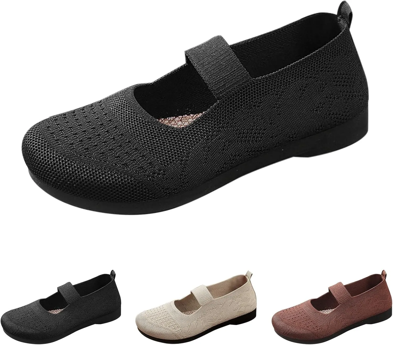 Women Mary Jane Flat Shoes Wide Toe Box Comofortable Ballet Flat with Adjustable Straps Slip on Washable Knit Casual Flats