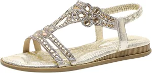 Women Rhinestone Sandals T-Strap Buckle Bohemian Pearl Crystal Summer Trendy Flat Sandals