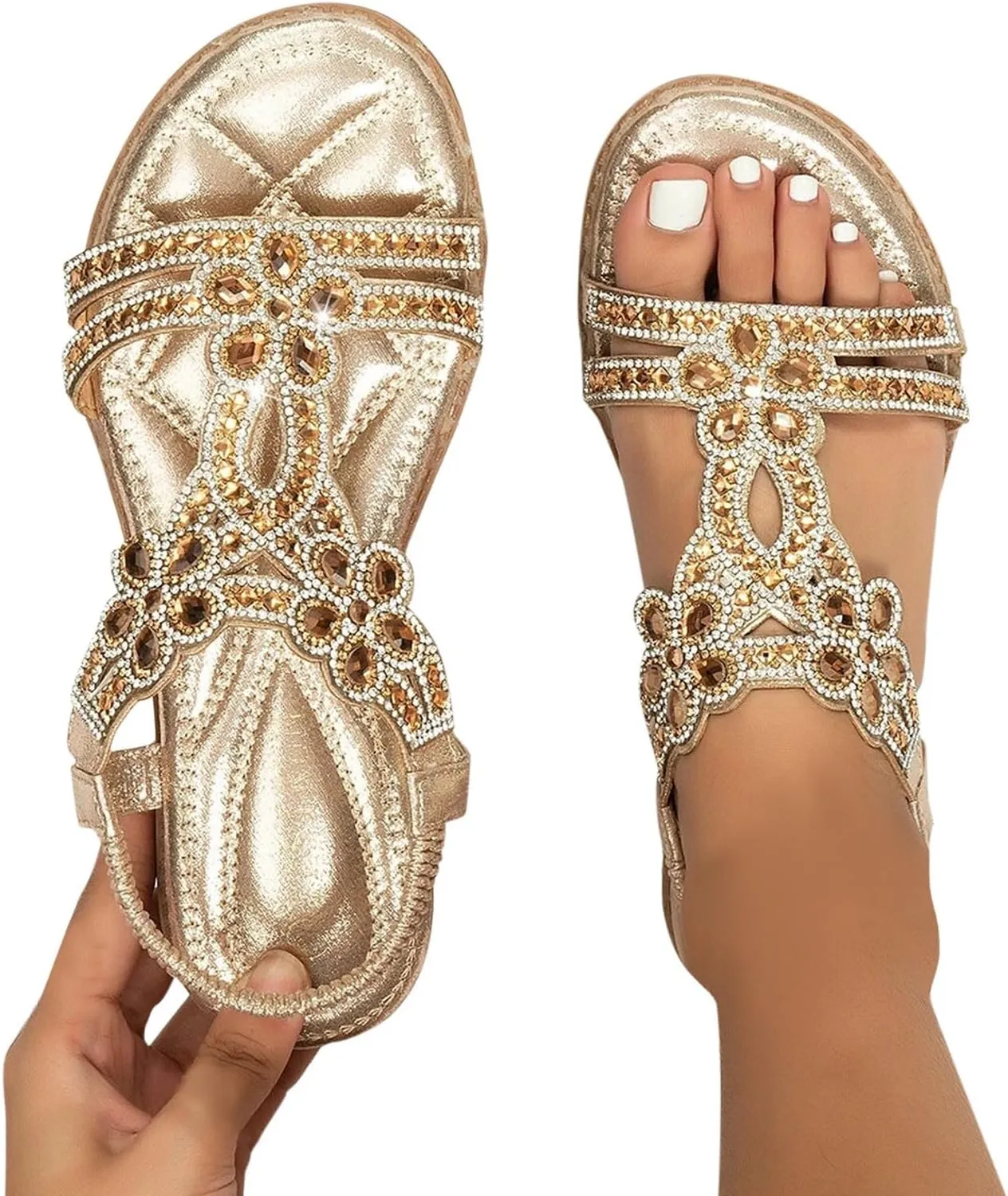 Women Rhinestone Sandals T-Strap Buckle Bohemian Pearl Crystal Summer Trendy Flat Sandals