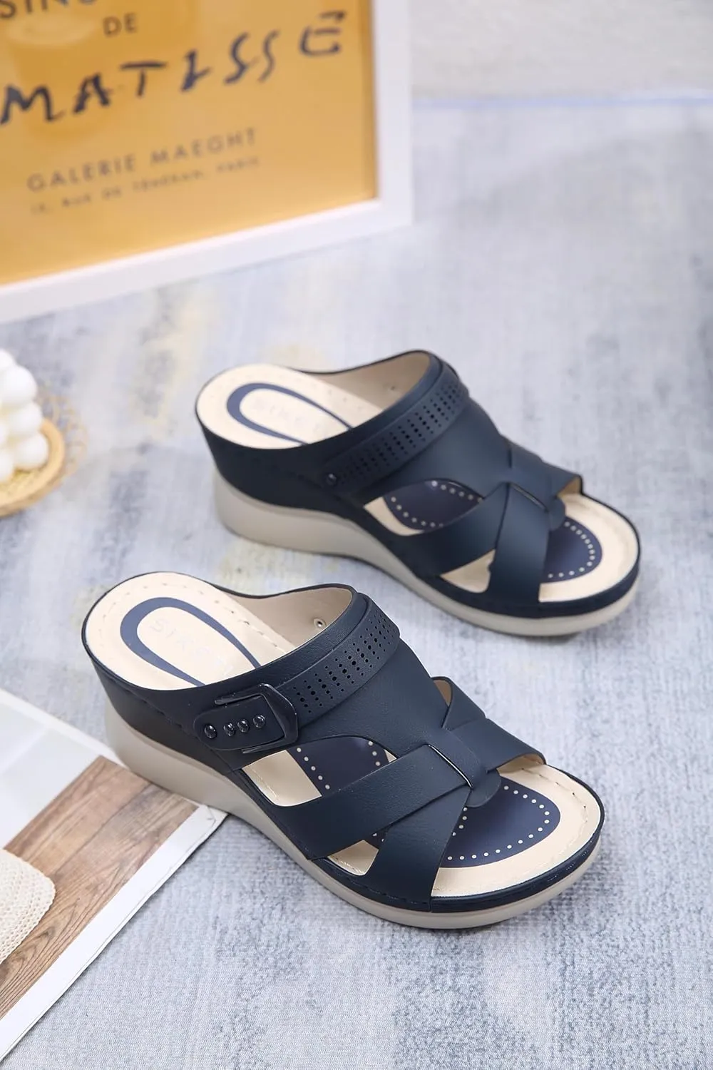 Women's Casual Walking Wedge Sandals, Women Slides Arch Support Slip on Flat Sandals Comfort Plantar Slippers