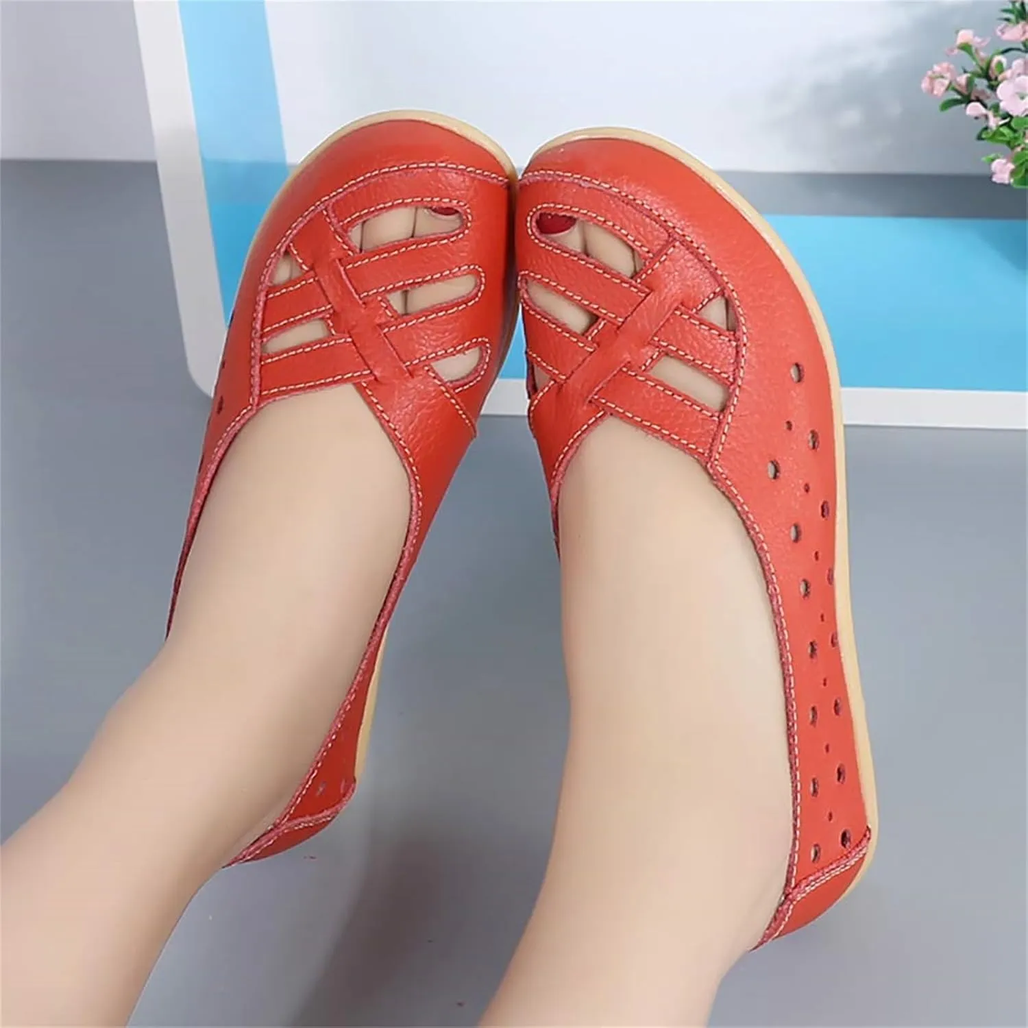 Women's Cowhide Leather Shoes Loafer Casual Slip On Shoe Driving Moccasins Closed Toe Boat Flats Walking Sandals