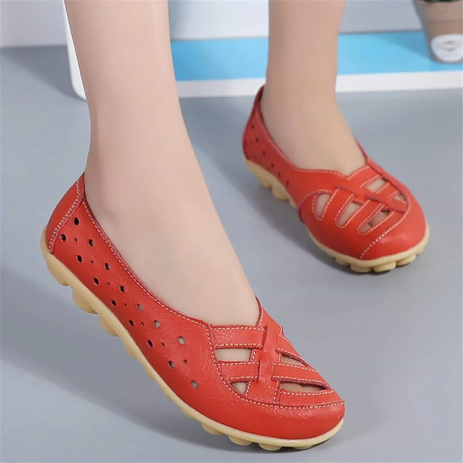 Women's Cowhide Leather Shoes Loafer Casual Slip On Shoe Driving Moccasins Closed Toe Boat Flats Walking Sandals