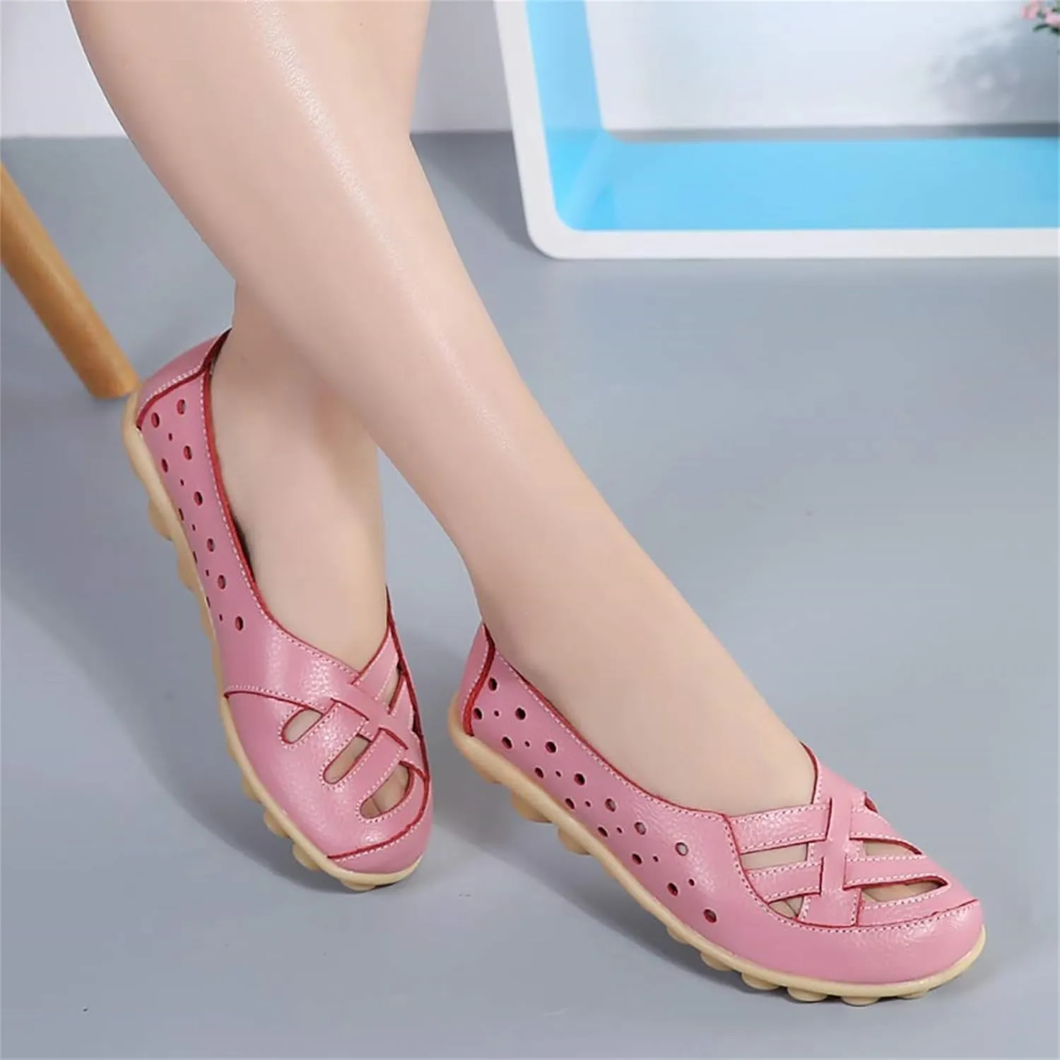 Women's Cowhide Leather Shoes Loafer Casual Slip On Shoe Driving Moccasins Closed Toe Boat Flats Walking Sandals