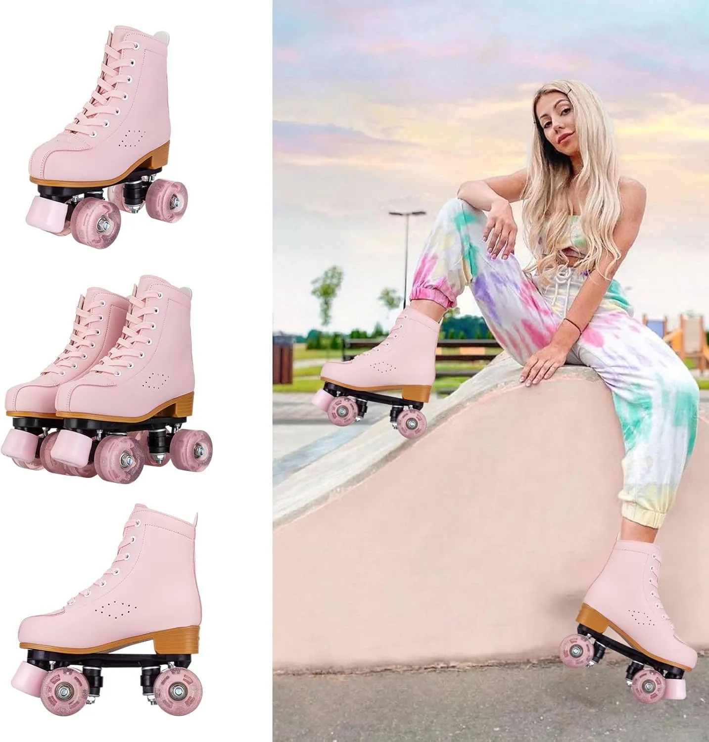 Women's High-Top PU Leather Roller Skates - Four-Wheel Shiny Skates With Carry Bag for Girls