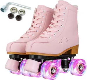 Women's High-Top PU Leather Roller Skates - Four-Wheel Shiny Skates With Carry Bag for Girls