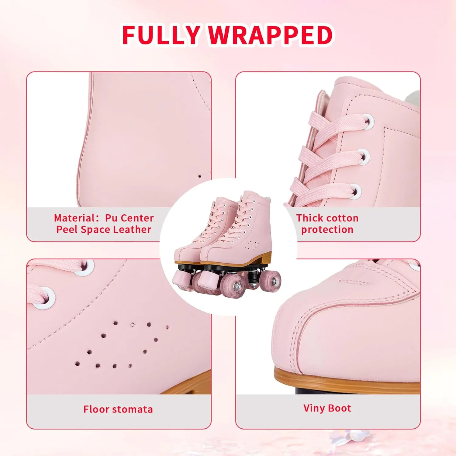 Women's High-Top PU Leather Roller Skates - Four-Wheel Shiny Skates With Carry Bag for Girls
