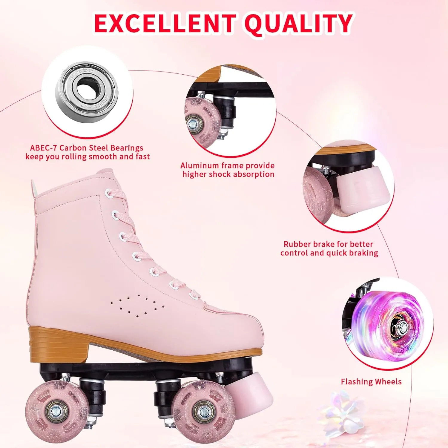 Women's High-Top PU Leather Roller Skates - Four-Wheel Shiny Skates With Carry Bag for Girls