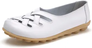 Womens Leather Loafers Summer Breathable Hollow Out Closed Toe Slip-On Sandals Casual Lightweight Soft Sole Nurse Work Walking Shoes Comfortable Casual Fisherman Sandals