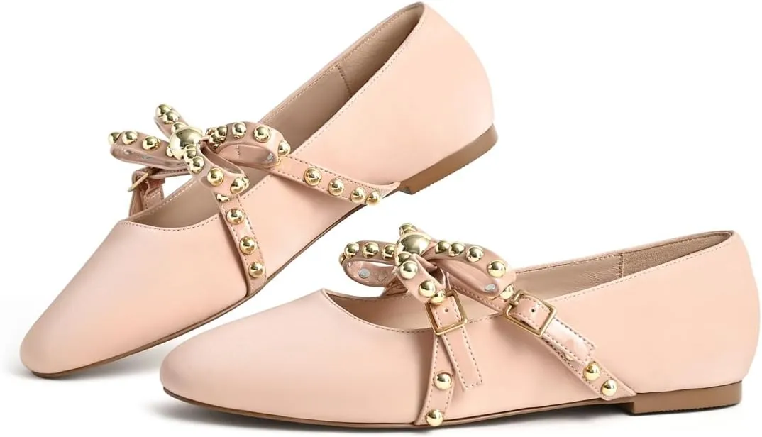 Women's Mary Jane Flats Round Toe Ballet Flats Shoes Pearl Embellished Bow Loafer Flats Slip On Comfortable Stud Strap Soft Dressy Flats Shoes