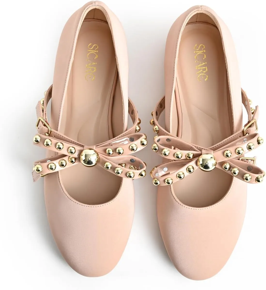 Women's Mary Jane Flats Round Toe Ballet Flats Shoes Pearl Embellished Bow Loafer Flats Slip On Comfortable Stud Strap Soft Dressy Flats Shoes
