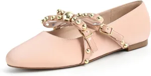 Women's Mary Jane Flats Round Toe Ballet Flats Shoes Pearl Embellished Bow Loafer Flats Slip On Comfortable Stud Strap Soft Dressy Flats Shoes