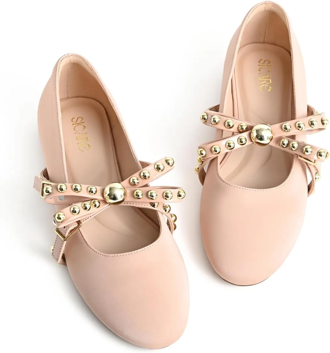 Women's Mary Jane Flats Round Toe Ballet Flats Shoes Pearl Embellished Bow Loafer Flats Slip On Comfortable Stud Strap Soft Dressy Flats Shoes