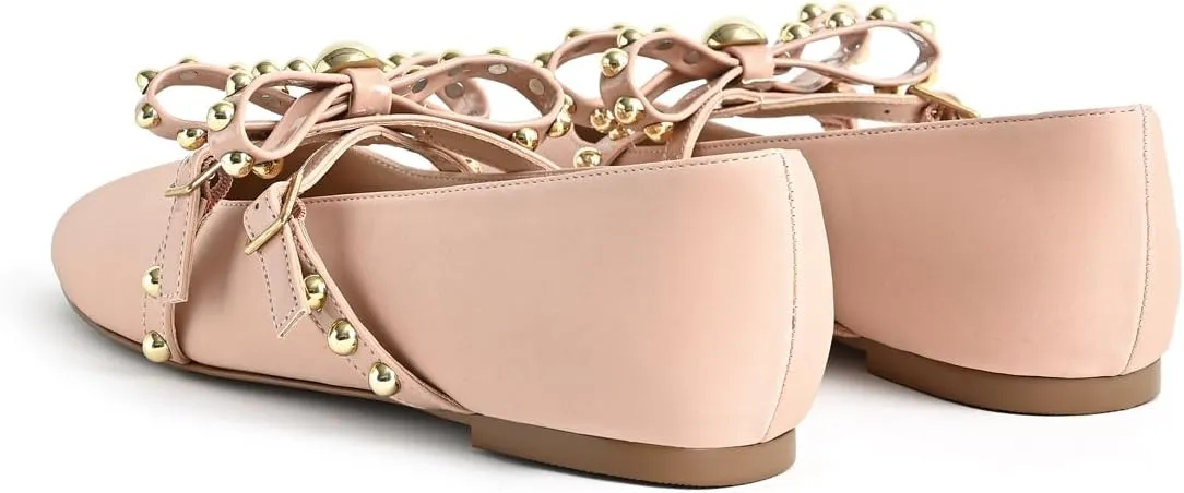 Women's Mary Jane Flats Round Toe Ballet Flats Shoes Pearl Embellished Bow Loafer Flats Slip On Comfortable Stud Strap Soft Dressy Flats Shoes