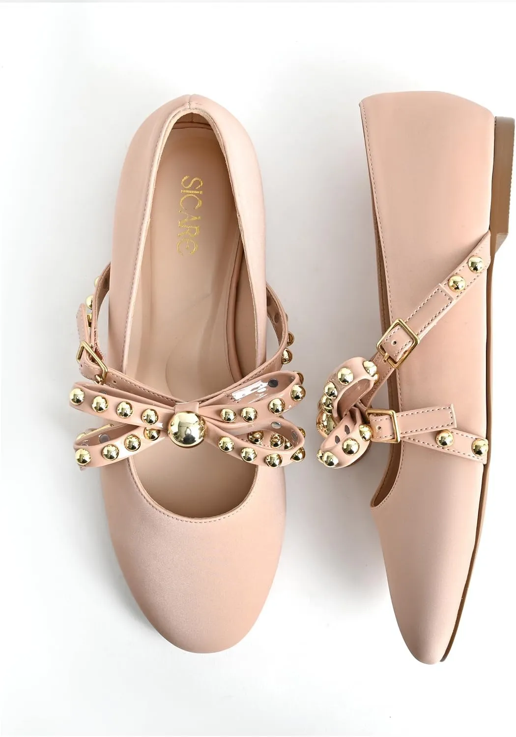 Women's Mary Jane Flats Round Toe Ballet Flats Shoes Pearl Embellished Bow Loafer Flats Slip On Comfortable Stud Strap Soft Dressy Flats Shoes