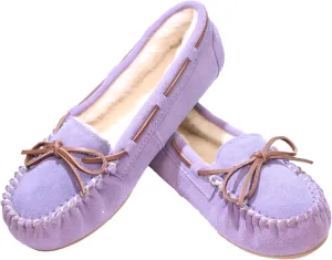 Women's Moccasin Slippers Cow Suede Warm Faux Fur Pile Lined Lace-Up Bow Cozy Indoor & Outdoor Slip On Loafers Shoes for Women
