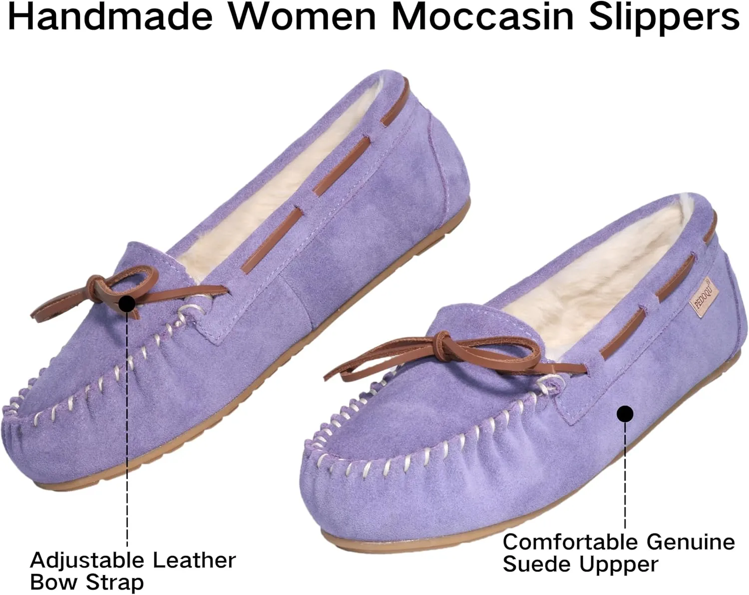 Women's Moccasin Slippers Cow Suede Warm Faux Fur Pile Lined Lace-Up Bow Cozy Indoor & Outdoor Slip On Loafers Shoes for Women