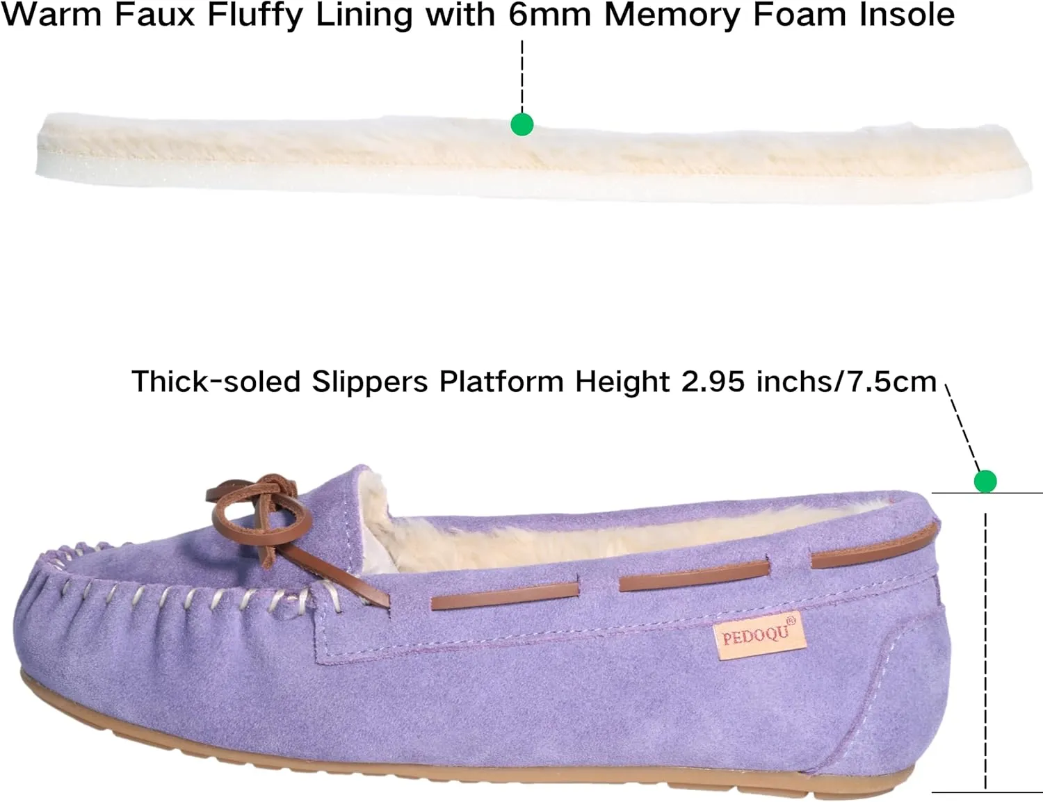 Women's Moccasin Slippers Cow Suede Warm Faux Fur Pile Lined Lace-Up Bow Cozy Indoor & Outdoor Slip On Loafers Shoes for Women