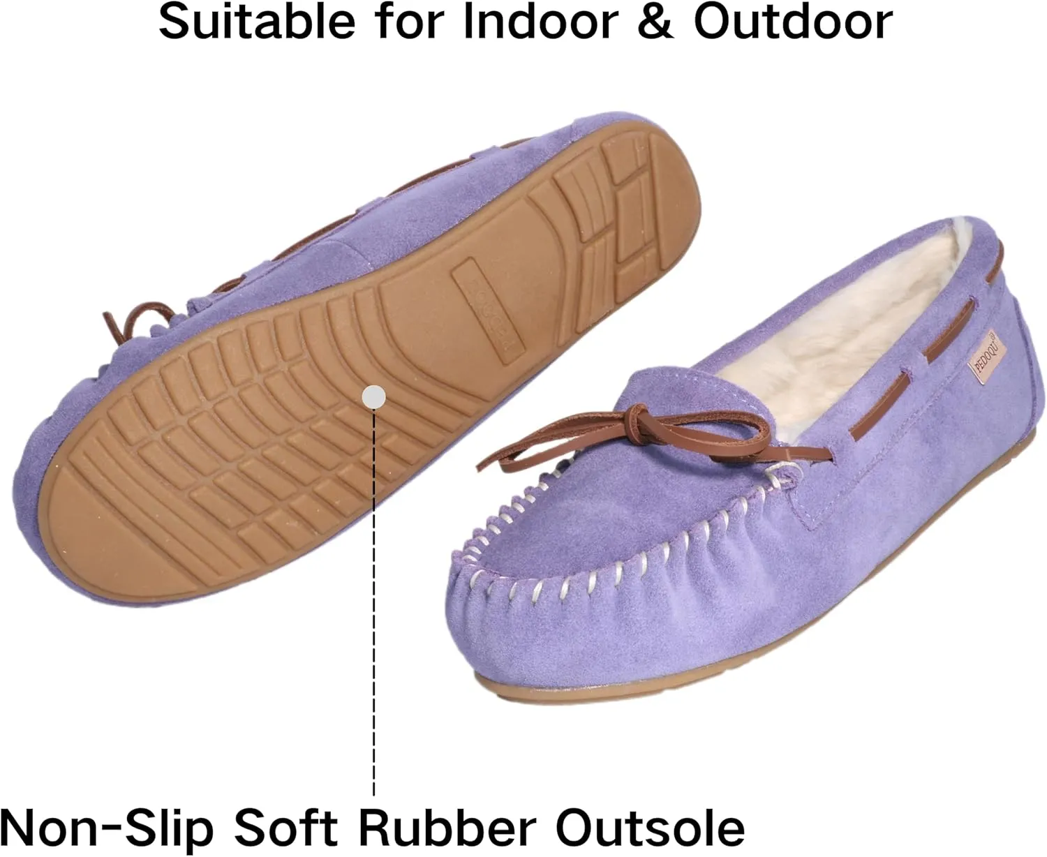Women's Moccasin Slippers Cow Suede Warm Faux Fur Pile Lined Lace-Up Bow Cozy Indoor & Outdoor Slip On Loafers Shoes for Women