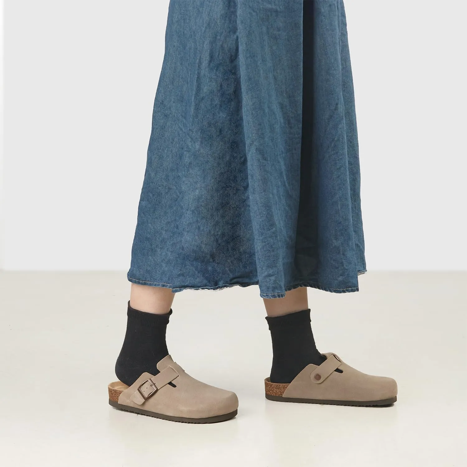 Women's Mules Clogs with Arch Support Cork Footbed Suede Clogs Adjustable Buckle Sandals