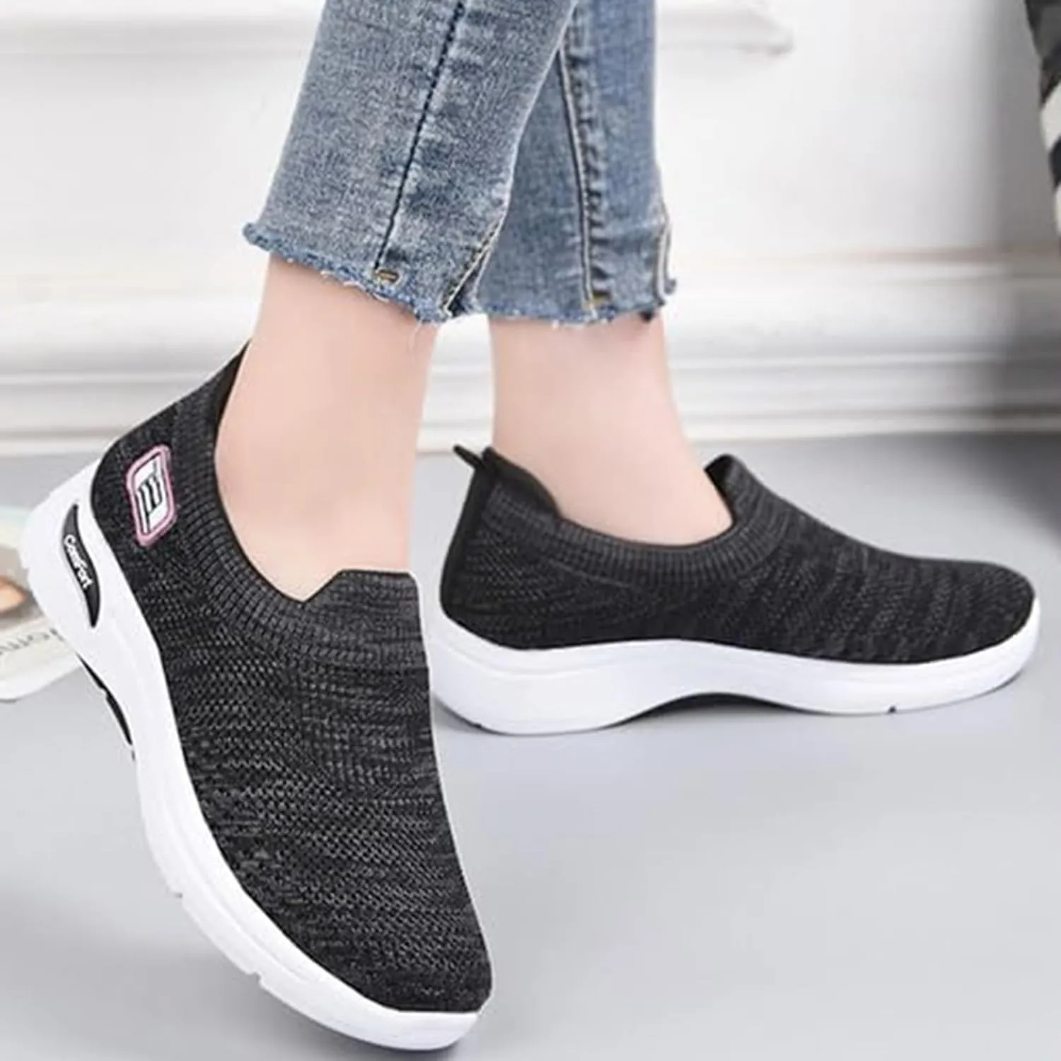 Womens Orthopedic Sneakers Slip On Arch Support Walking Shoes Comfortable Soft Sole Non Slip Low Top Tennis Shoes Mesh Breathable Lightweight Casual Sneakers