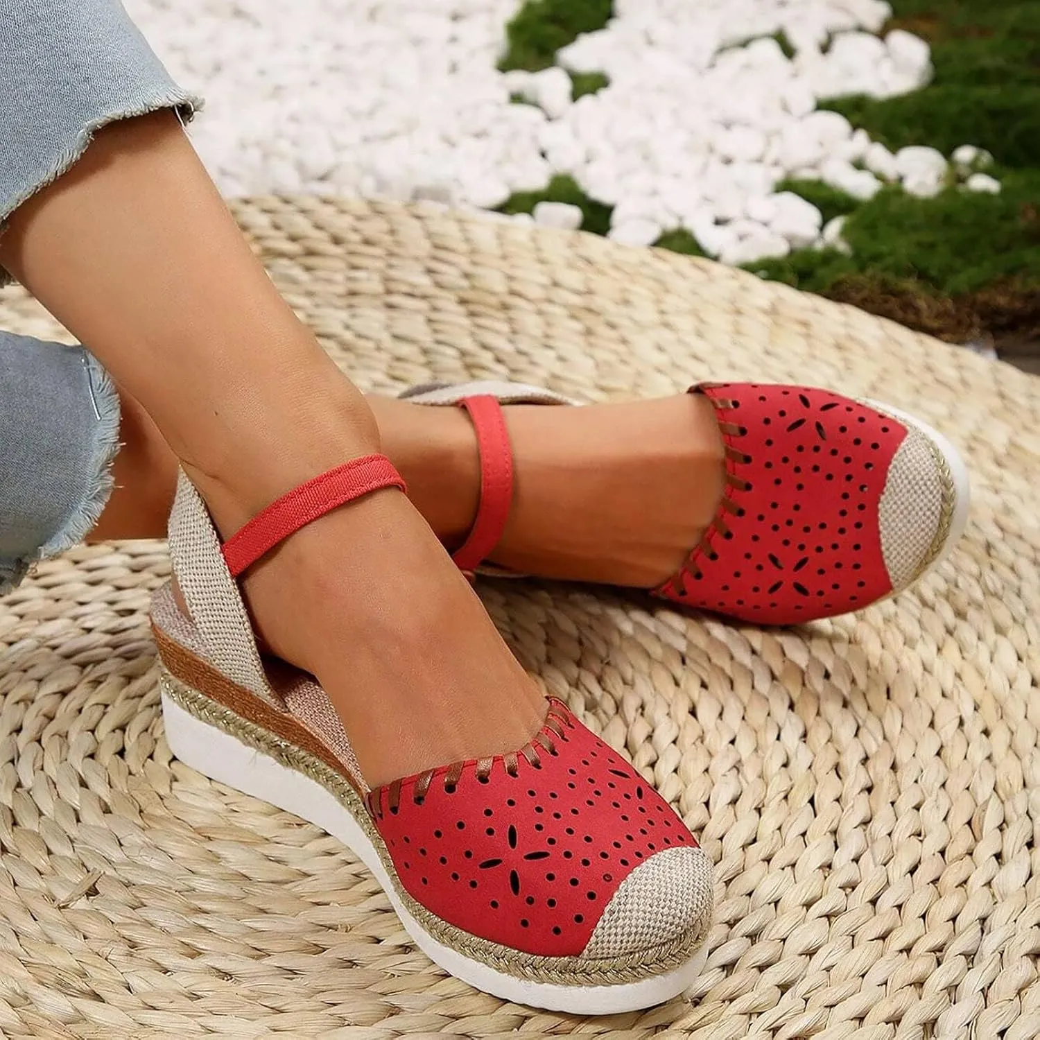 Women's Platform & Wedge Sandals Summer Closed Toe Hollow Out Orthopedic Shoes Comfort Breathable Slip On Summer Sandals with Adjustable Buckle Ankle Strap