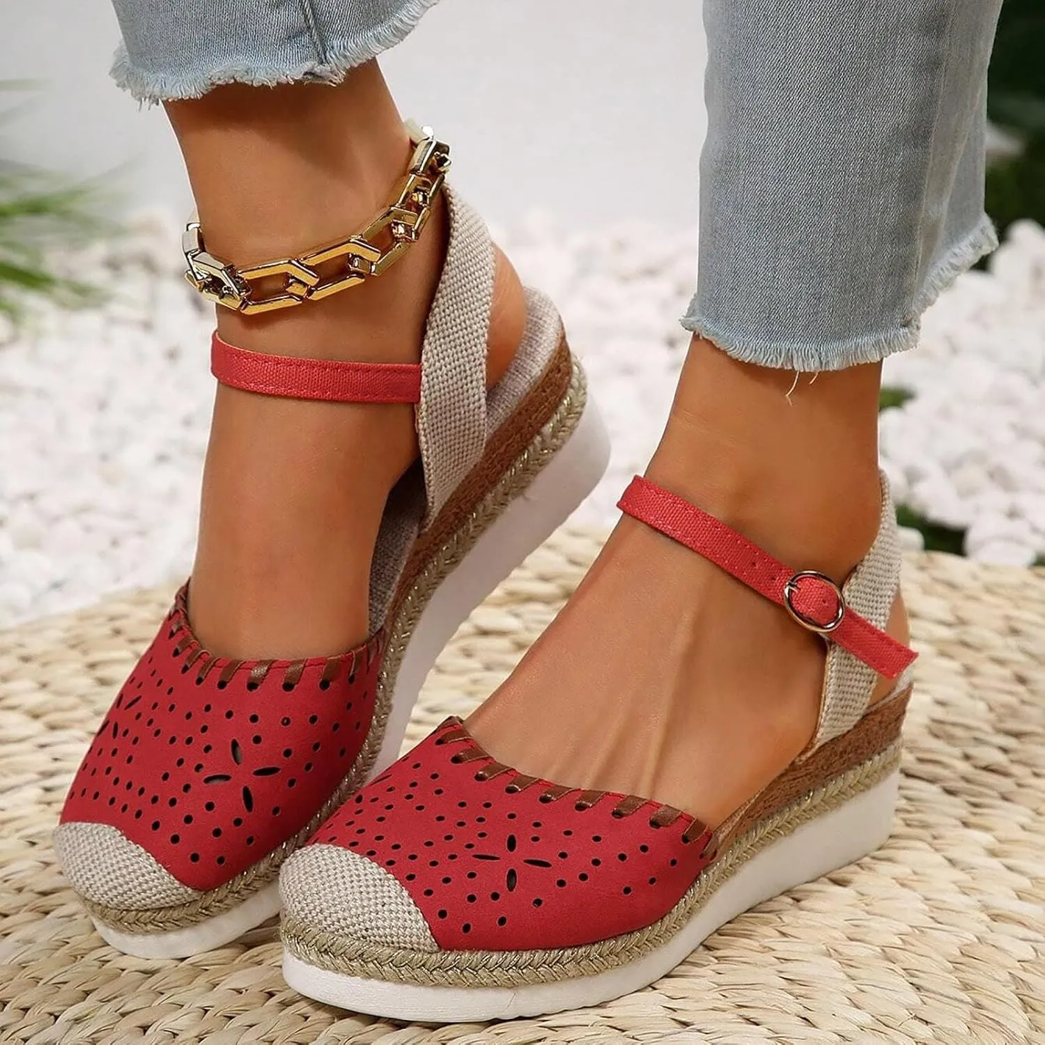 Women's Platform & Wedge Sandals Summer Closed Toe Hollow Out Orthopedic Shoes Comfort Breathable Slip On Summer Sandals with Adjustable Buckle Ankle Strap