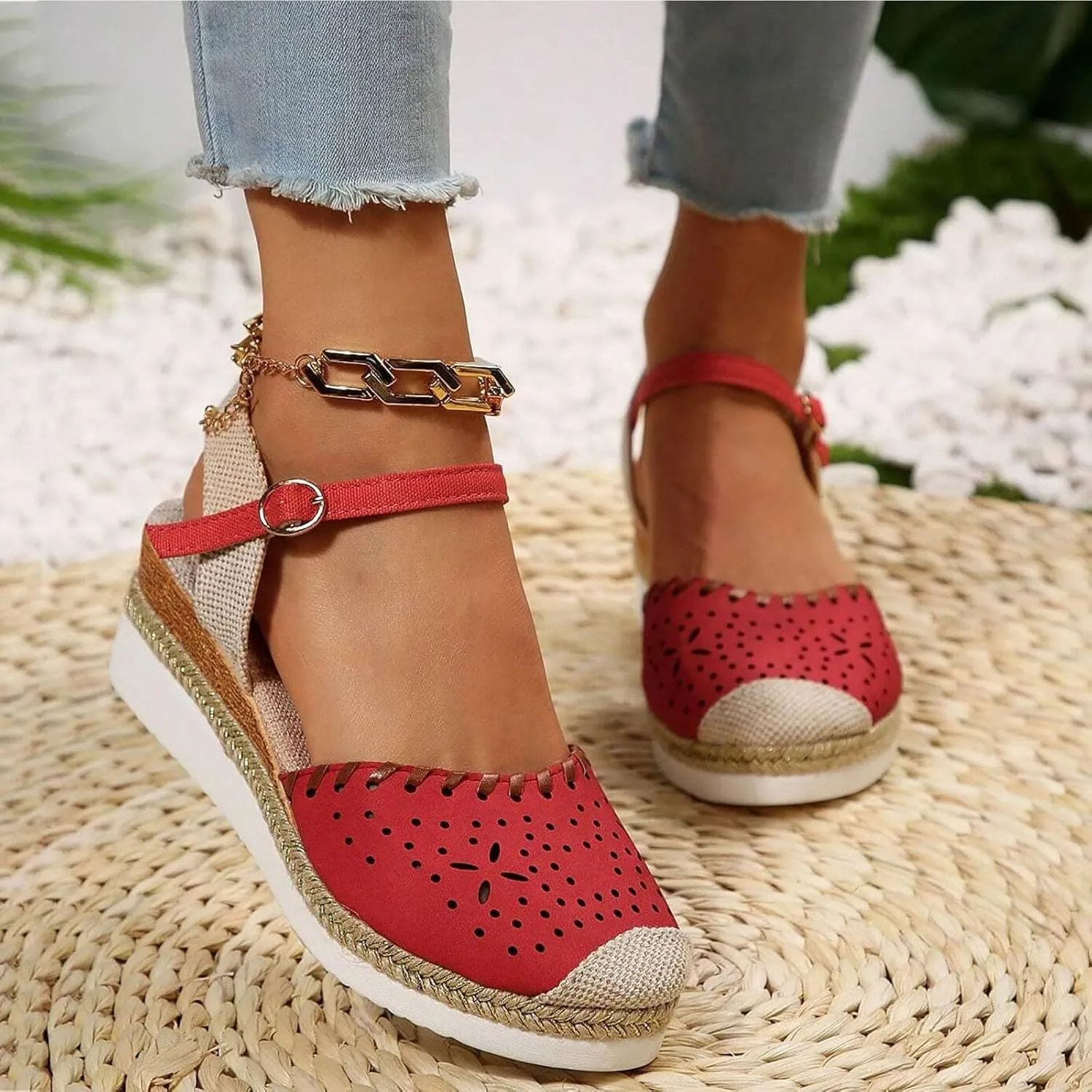 Women's Platform & Wedge Sandals Summer Closed Toe Hollow Out Orthopedic Shoes Comfort Breathable Slip On Summer Sandals with Adjustable Buckle Ankle Strap
