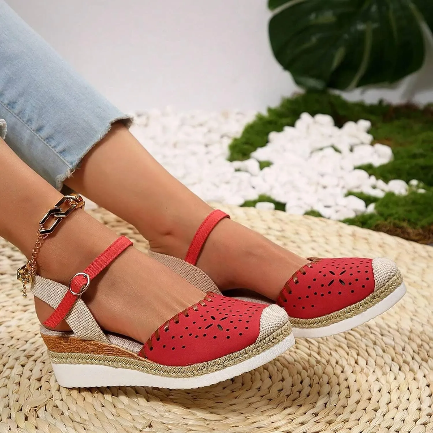 Women's Platform & Wedge Sandals Summer Closed Toe Hollow Out Orthopedic Shoes Comfort Breathable Slip On Summer Sandals with Adjustable Buckle Ankle Strap