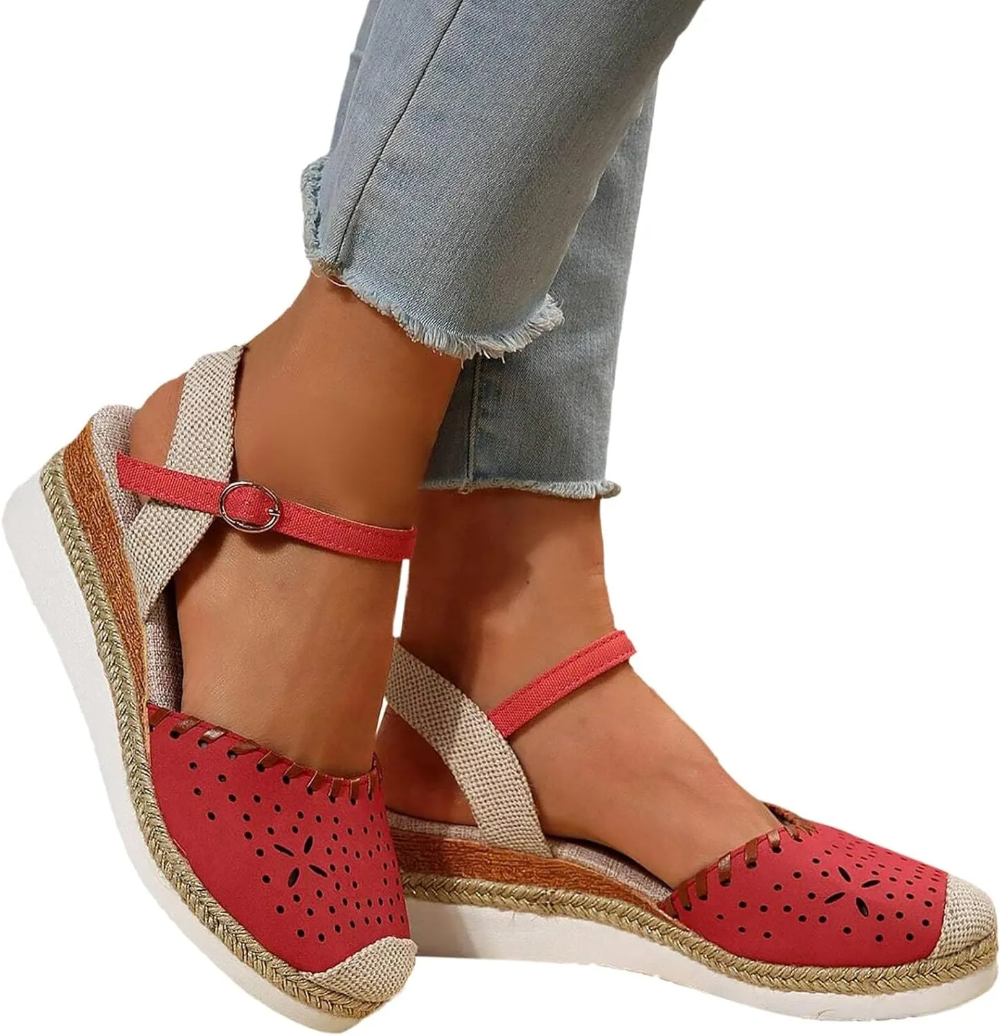 Women's Platform & Wedge Sandals Summer Closed Toe Hollow Out Orthopedic Shoes Comfort Breathable Slip On Summer Sandals with Adjustable Buckle Ankle Strap