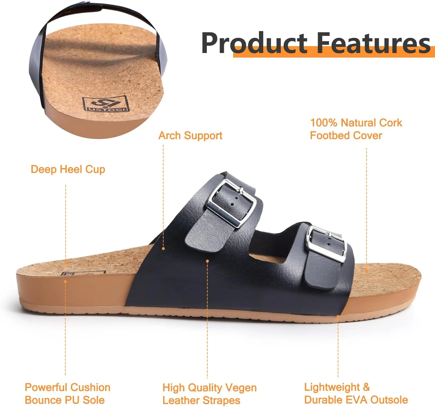 Womens Sandals Arch Support Beach Slides for Women Orthotic Summer Causal Cork Footbed Adjustable Lightweight Comfortable Slip on Cushion Cute 2 Strap Flat sandalias de mujer