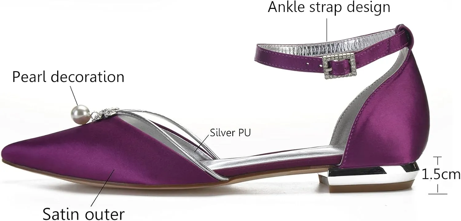 Womens Sandals Pointed Toe Pearl Satin Ballet Elegant Ankle Strap Flats Bridal Bridesmaid Wedding Prom Shoes