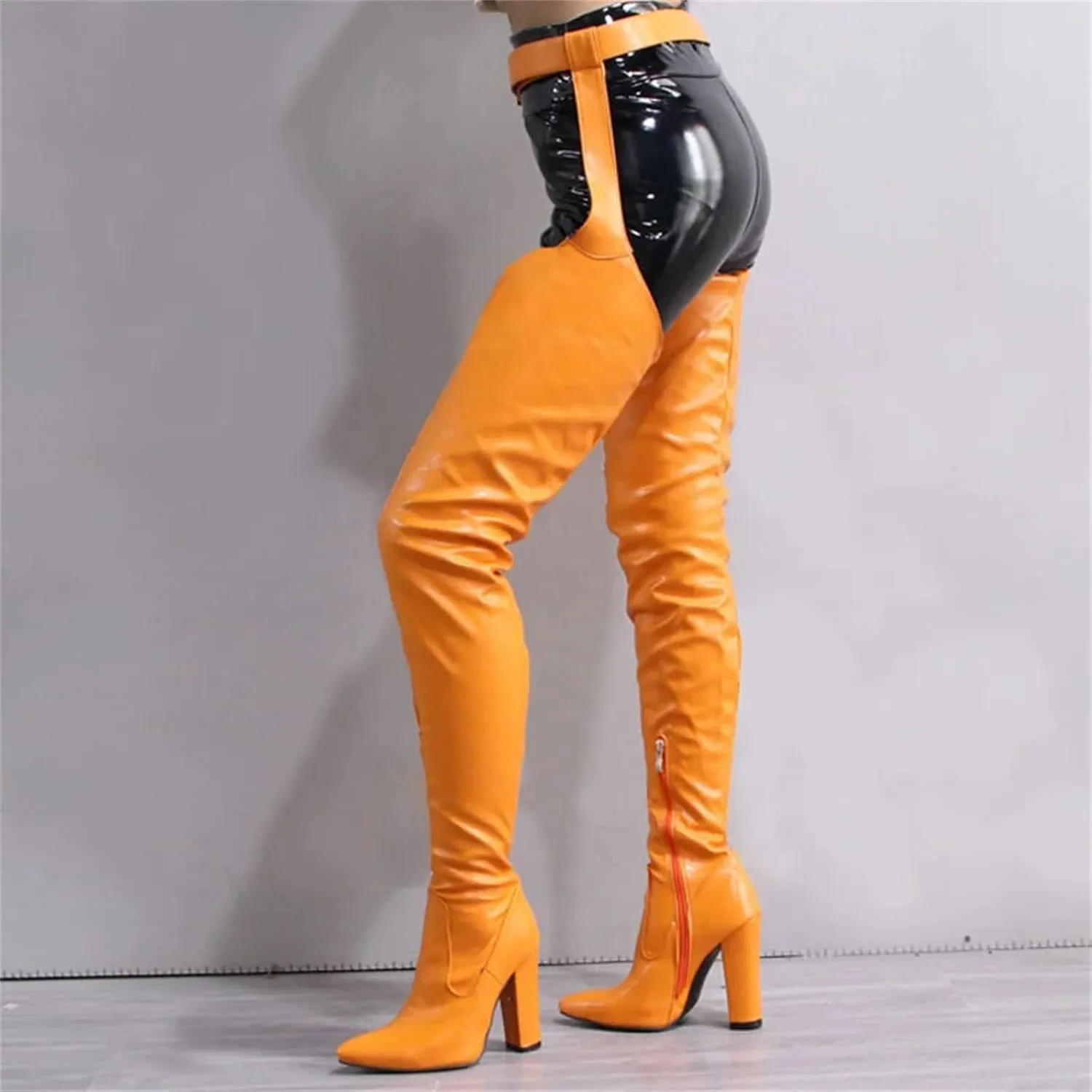 Women’S Sexy Thigh-High Boots Color Block Side Zipper Nightclub Party Shoes