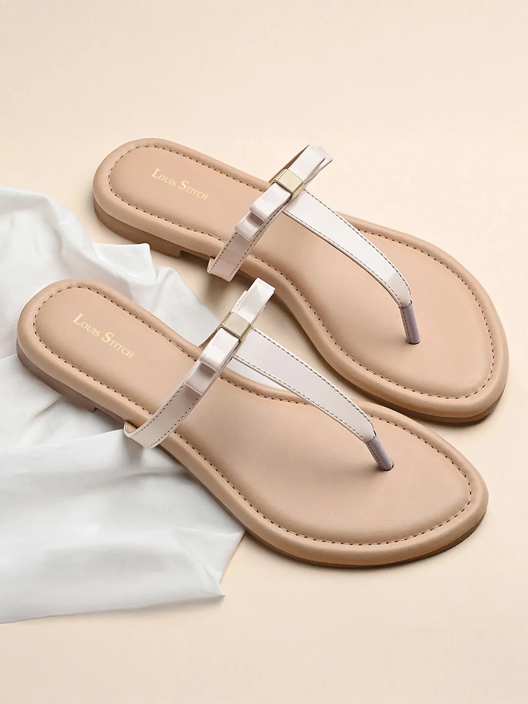 Women's Slip-On Cream T-Strap Lightweight Sandals