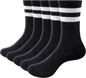 Womens Striped Crew Socks Moisture Wicking Cushioned Tall Gym Golf Training Casual Athletic Socks for Women, 5 Pairs