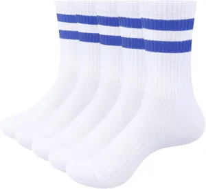 Womens Striped Crew Socks Wicking Cushioned Athletic Sock Breathable Cotton Mid Calf Tube Socks For Women, 5 Pairs