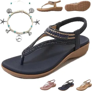 Women's T-Strap Flat Sandals with Sparkling Rhinestones,Comfortable Arch Support,Summer Sandals for Women