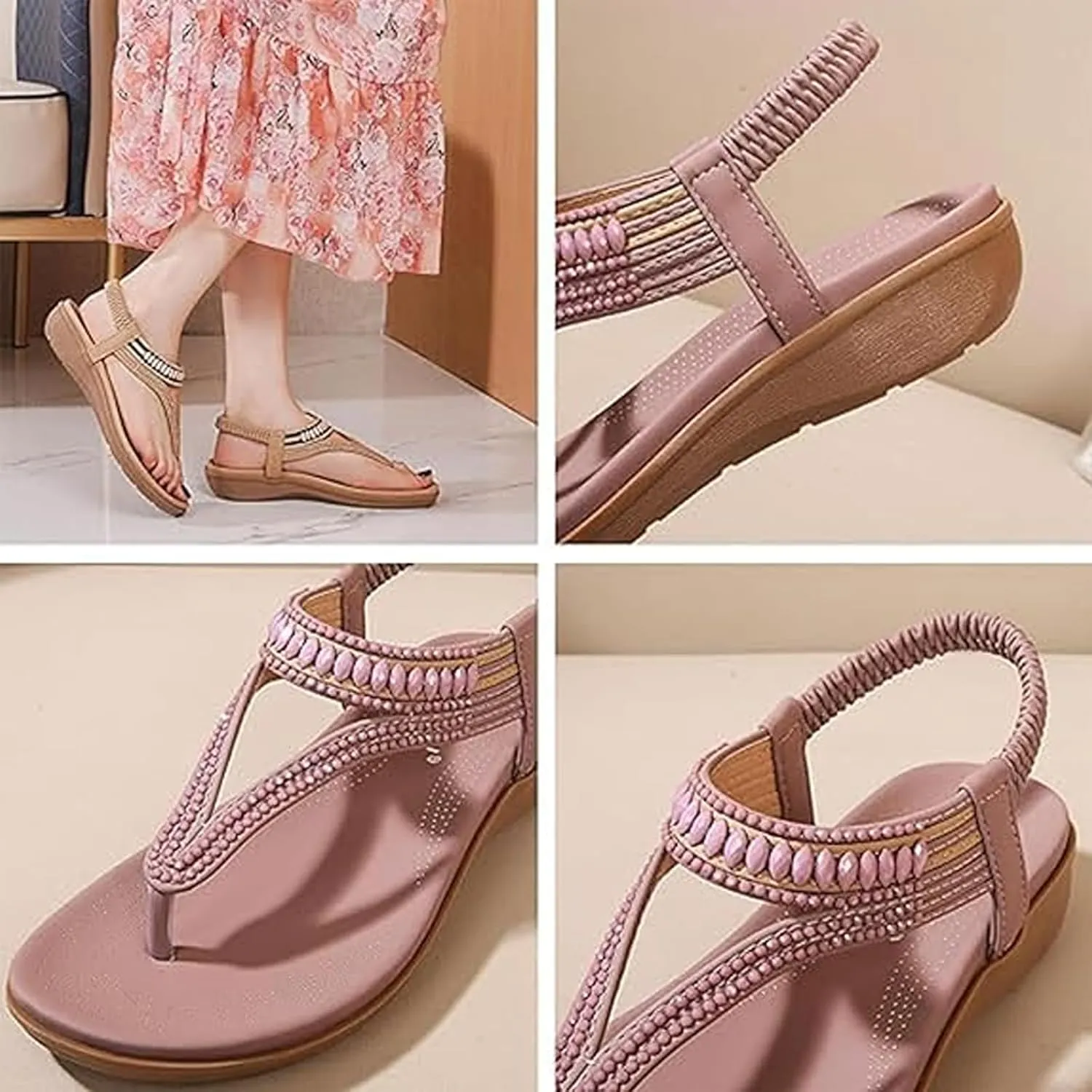 Women's T-Strap Flat Sandals with Sparkling Rhinestones,Comfortable Arch Support,Summer Sandals for Women