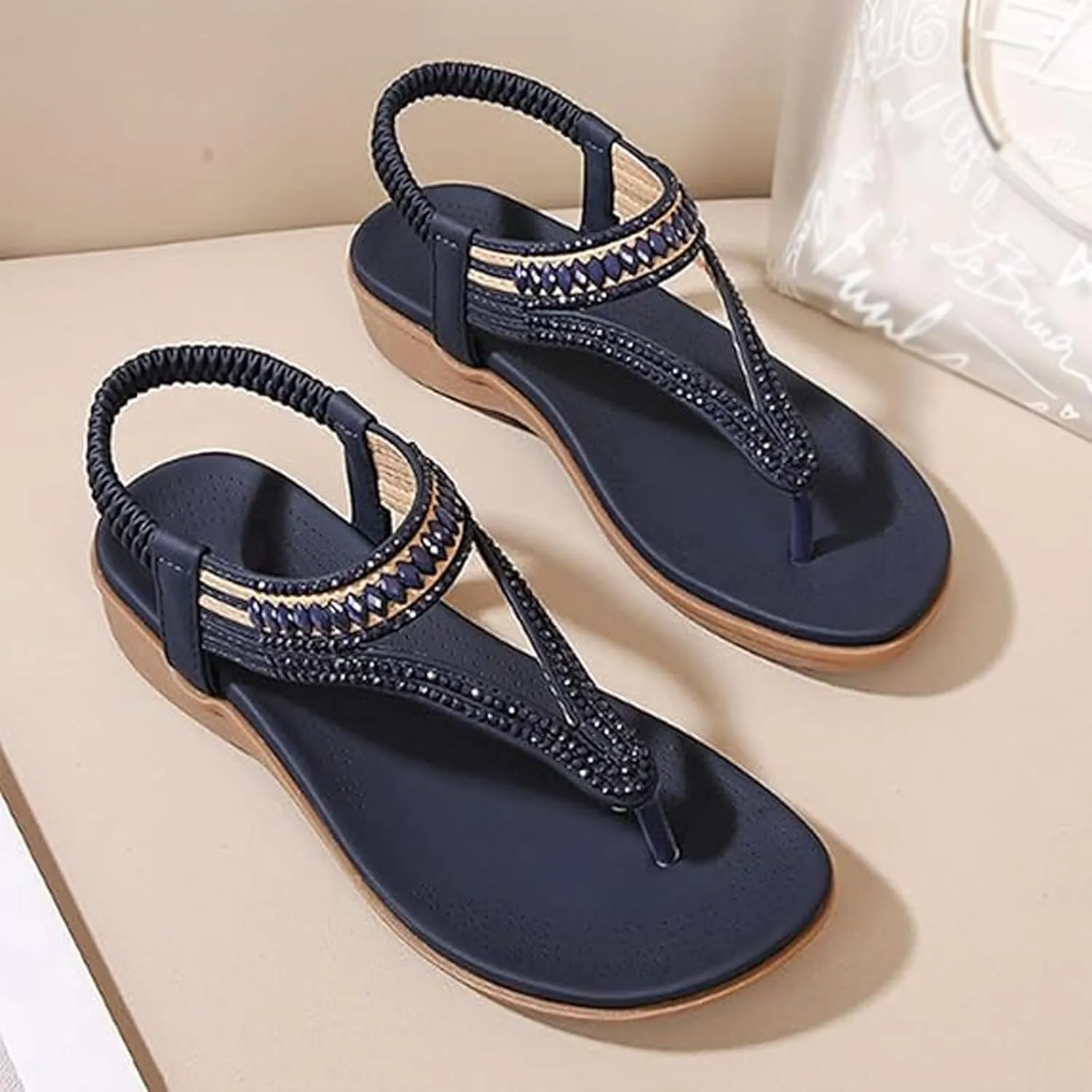 Women's T-Strap Flat Sandals with Sparkling Rhinestones,Comfortable Arch Support,Summer Sandals for Women