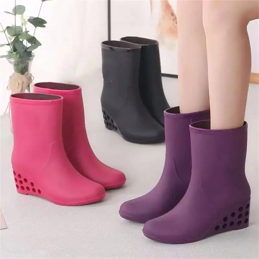 Women's Top Wedges Rain Shoe Soft Sole Non Slip Waterproof Slip-On High Heels Water Shoes