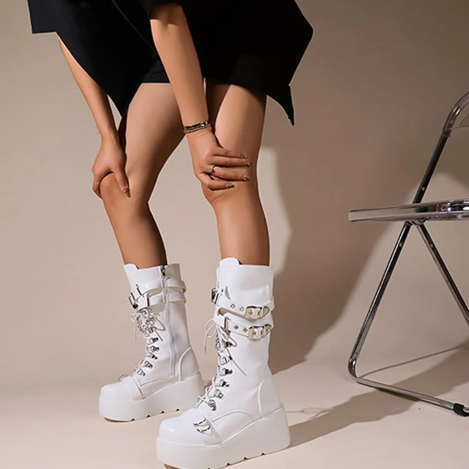 Women'S Wedge Heel Platform Gothic Calf Boots Fashion Round Toe Non-Slip Buckle Lace-Up Punk Y2k Motorcycle Combat Rider Boots