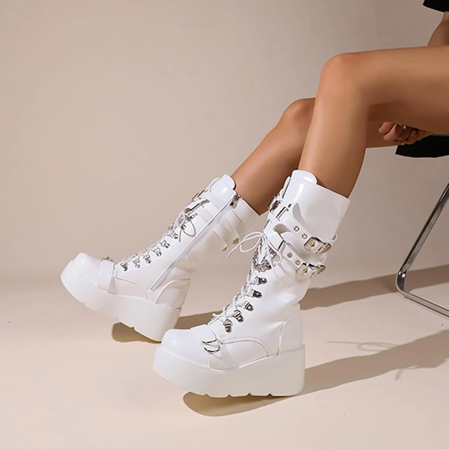 Women'S Wedge Heel Platform Gothic Calf Boots Fashion Round Toe Non-Slip Buckle Lace-Up Punk Y2k Motorcycle Combat Rider Boots