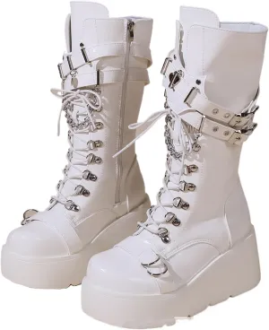 Women'S Wedge Heel Platform Gothic Calf Boots Fashion Round Toe Non-Slip Buckle Lace-Up Punk Y2k Motorcycle Combat Rider Boots