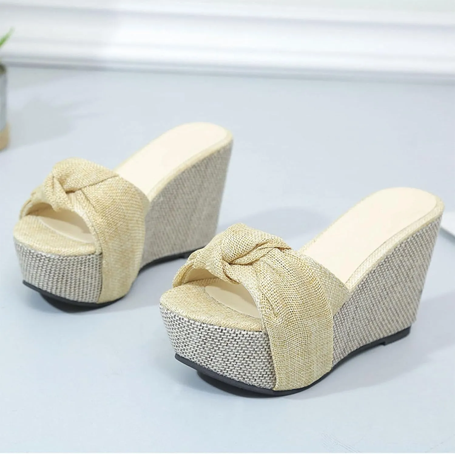 Women's Wedge Platform Sandals Boho Espadrille Bowtie High Heels Slip On Casual Summer Beach Open Toe Mules for Women